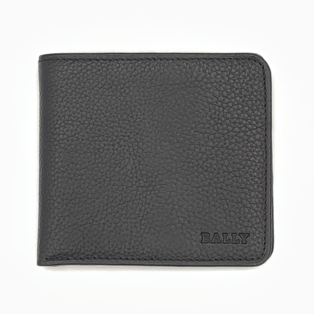 Bally Embossed Leather Mens Bi-Fold Wallet Black Top Grain Luxury